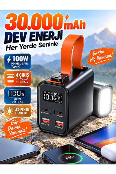 MATECHNO Mini Taşınabilir Powerbank El Fenerİ PD100W Destekli 30.000 mAh Powe...