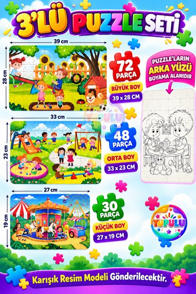 YUPULU Eğitici Çocuk Puzzle | Arka Yüzü Resim Boyama Alanı (3 Adet Büyük-Orta...