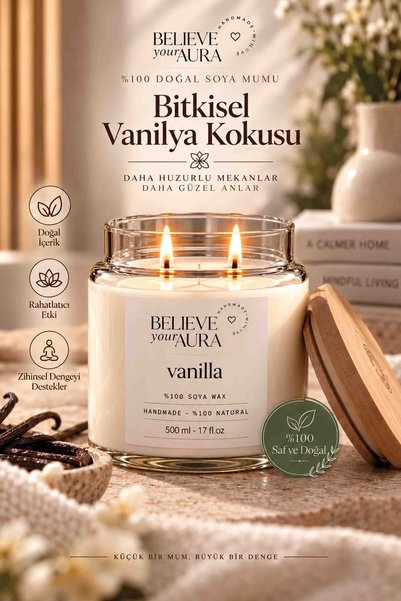 Believe Your Aura Vanilya Kokulu Kavanoz Mum - %100 Doğal Soya Mumu Bambu Kap...