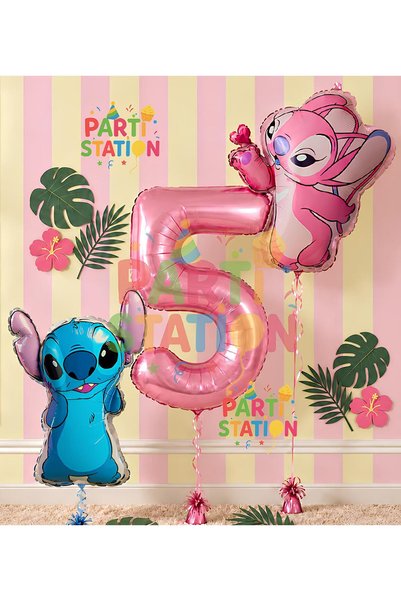 Parti Station Lilo Stitch and Angel Balloon Set for 5 Year Olds, 3 Piece Pink...