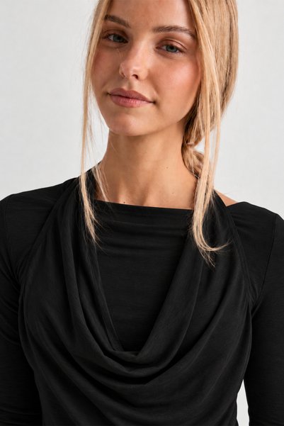 ecemore Double Layered Front, Halter Neck, Flowy, Drapey Collar, Long Sleeve ...
