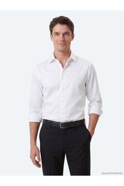 Kip White Regular Fit Long Woven Classic Cotton Blend Shirt