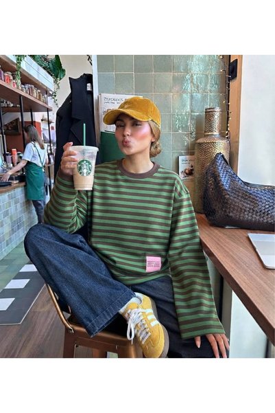 moda gk Çizgili Bisiklet Yaka Oversize Düşük Kol Örme Sweatshirt