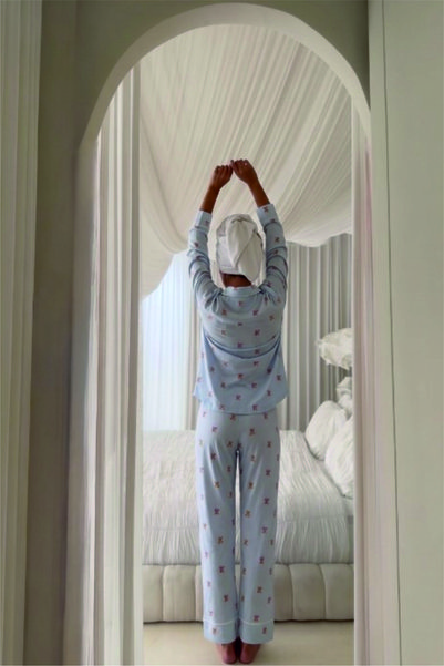 LULUS FRİENDS Shirt Collar Long Sleeve Front Heart Button Pocket Detailed Mini Teddy Bear Patterned Women's Pajama Set with Pants Premium Cotton
