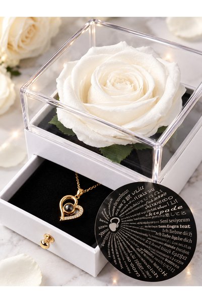 Gleemy accesories Beyaz Sonsuz Gül & 100 Dilde Seni Seviyorum Kalpli Kolye He...