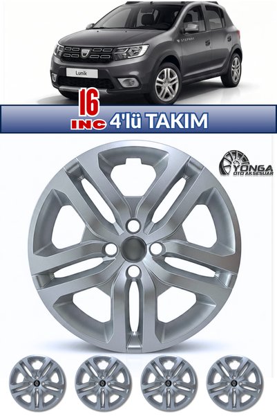 YONGA OTO AKSESUAR DACİA DUSTER Uyumlu 16 İnç Jant Kapağ 4'lü Set Gümüş + 4 Amblem