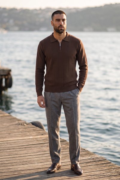 Maccali Men's Winter Polo Collar Dark Brown Zippered Knit Sweater
