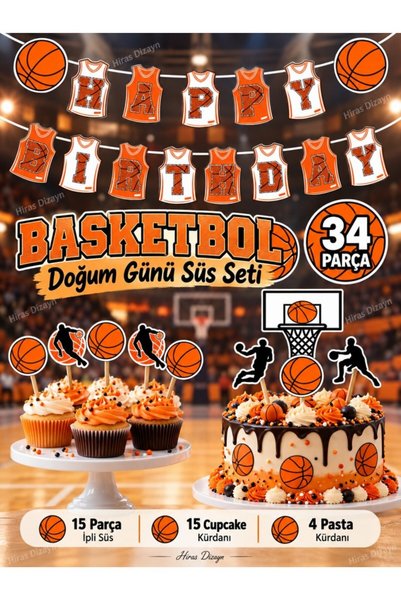 Hiras Dizayn 34 Parça Basketbol Konsept Sporcu Doğum Günü Süsü Banner Pasta K...
