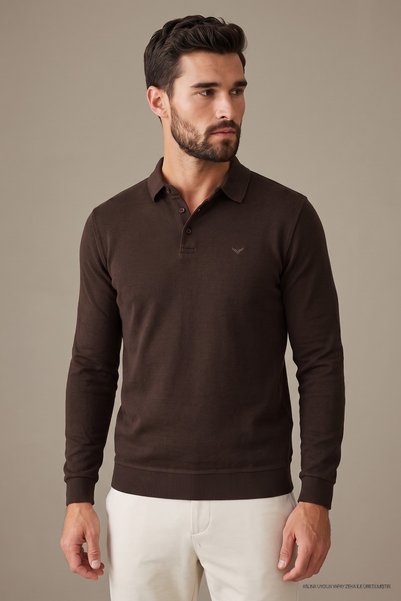 Maccali Tricou pentru bărbați Elite Comfort Basic de iarnă maro cu gât polo