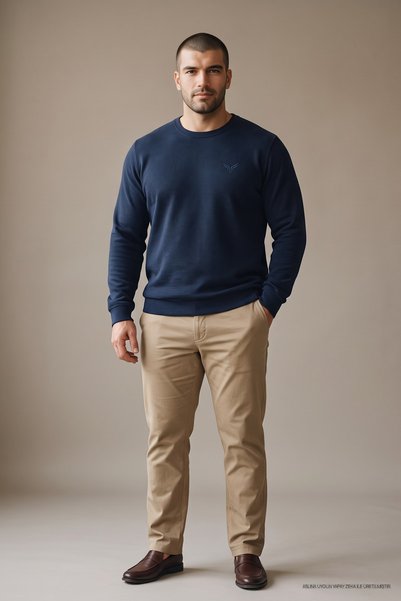 Maccali Erkek Kışlık Bisiklet Yaka Battal Basic Mavi Sweatshirt