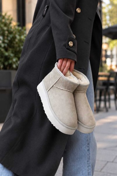 CAPRİ MODA Women's Beige Suede with Fur Inside Thick Sole Ankle Short Women's Boots & Booties
