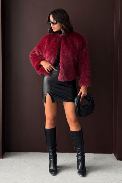 VERYMODA Jachetă scurtă bordo cu detaliu din blană - Bordo
