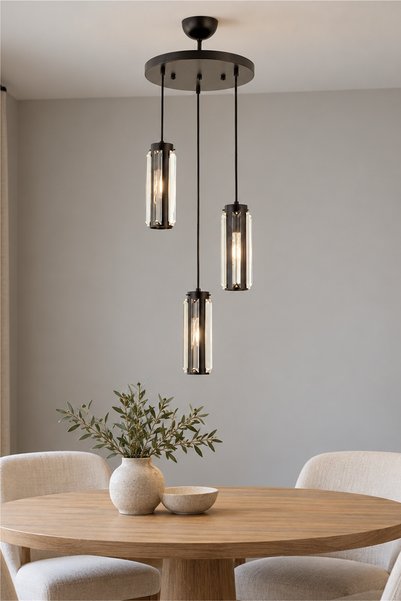 Apliqa Natali 3 Lü Siyah Kristalli, Taşlı Modern Tasarım Kristal Salon Sarkıt...