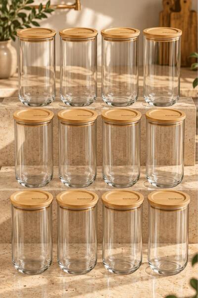 Atbyhome Bambum Duo 12'li Bambu Kapaklı Cam Erzak Kavanozu Seti 1300 ml - Vak...