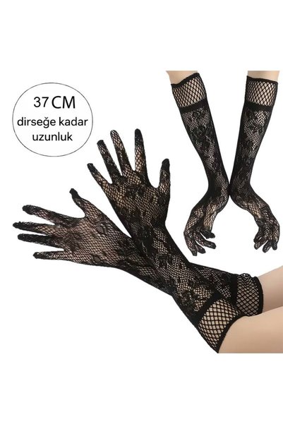 partidolu Halloween Retro Vintage Siyah Renk Dirseğe Kadar 37 Cm Dantelli Yet...