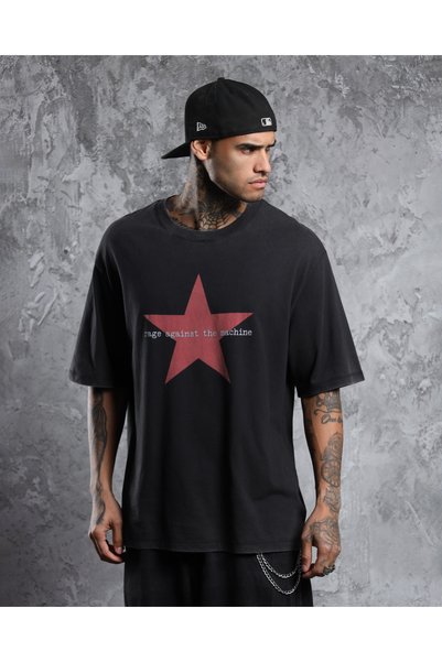 Overdrive Tricou negru unisex cu mânecă scurtă, supradimensionat, cu efect de...