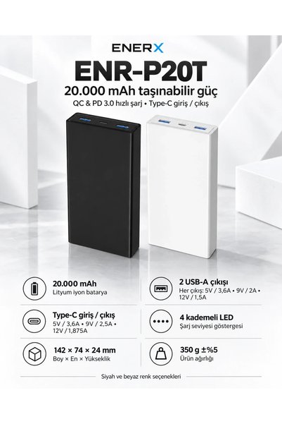 ENERX ENR-P20T 20.000 mAh 22.5 Watt Powerbank Beyaz