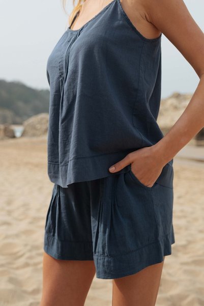 JOJOMIA Lavinia Lonse In ™   Pantaloni scurți cu nervuri pentru femei – TENCEL ™   Amestec de in și lenjerie, confortabil, culoare denim