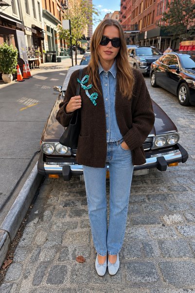 GZ Design Blue Embroidered Brown Cardigan