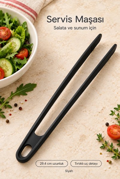 Tilbe Home 4lü Silikon Mutfak Servis Seti Kaşık Spatula Maşa Yemek Pişirme Karıştırma Hazırlık Gereçleri Siyah
