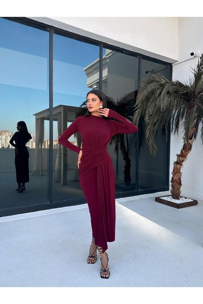 ESRAHELVACI Burgundy Draped Basic Dress