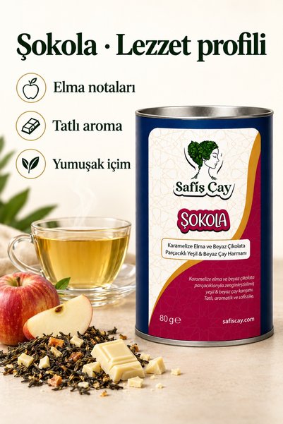 Safiş Çay Şokola Karamelize Elma Beyaz Çikolata Parçacıklı Yeşil ve Beyaz Çay 80 g