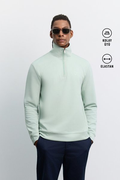 Avva Men's Mint Green Stand Collar Zippered Printed Easy-Iron Interlock Regular Fit Sweatshirt A62Y1311