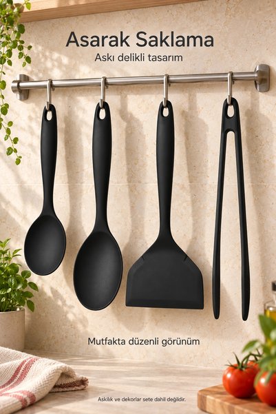 Tilbe Home 4lü Silikon Mutfak Servis Seti Kaşık Spatula Maşa Yemek Pişirme Karıştırma Hazırlık Gereçleri Siyah