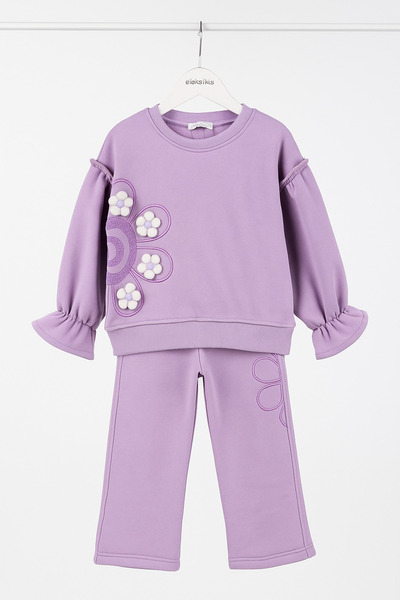 Nazar Bebe Girl's Lilac Floral Detailed Fleece-Lined Tracksuit Set 2004
