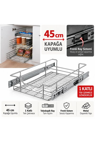 Huzur Mobilya Aksesuarları Bağımsız Teleskopik Frenli Çekmece Sepeti 45 cm Ka...