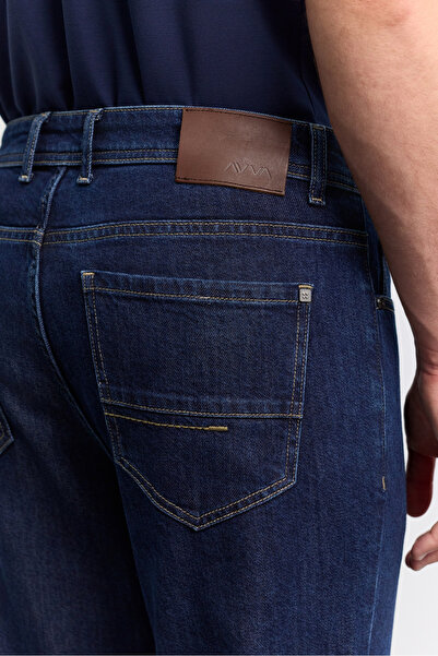 Avva Men's Navy Blue Vintage Washed Cotton Elastane Madrid Comfort Slim Fit Jean Trousers A62Y3514