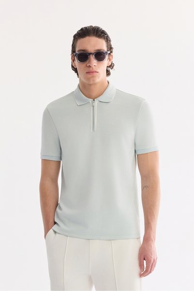 Avva Tricou pentru bărbați, verde acvatic, cu guler polo, cu fermoar, bi-stre...
