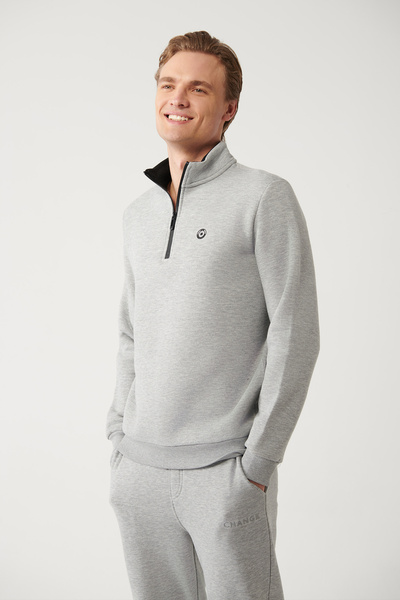 Avva Men's Gray Stand Collar Zippered Raised 3 Thread Sweatshirt E 001020