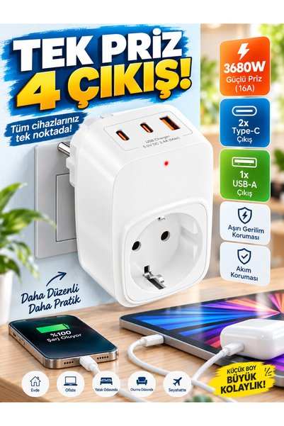 MATECHNO Çoklu Yüksek Voltaj Korumalı Duvar Prizi 2X Type-C 1X USB Çıkışlı Pr...
