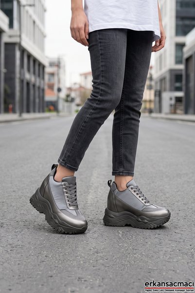 Erkan Saçmacı Tatyana Platinum Stone Lace-Up Hidden Wedge Heeled Casual Sneakers