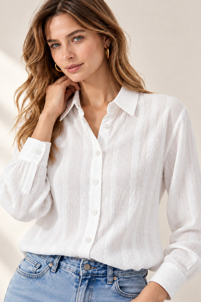 Nuevo White Patch Textured Women's Shirt Classic Cut Long Sleeve Shirt -
