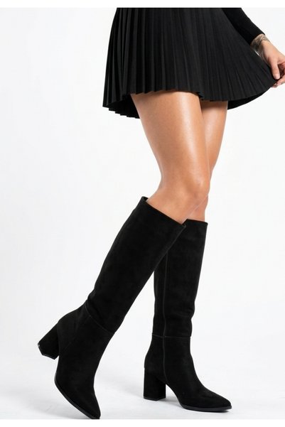 Zerenyus Zrne-C13 Premium Black Suede Thick Heeled Boots