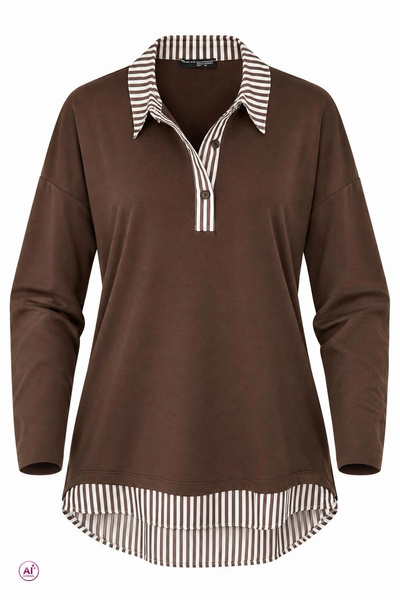 Bİ.GİYSEN Women's coffee inner shirt collar removable striped garnished new season crystal lycra fabric blouse