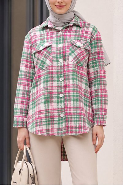 Generic Brand Πουκάμισο από τουίτ με τσέπες, oversized, καρό μοτίβο και μανίκ...