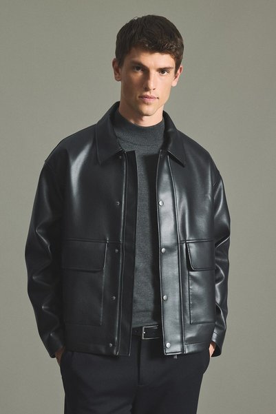 DeFacto Regular Fit Polo Collar Faux Leather Coat with Snap Pockets H2826Ax26Au