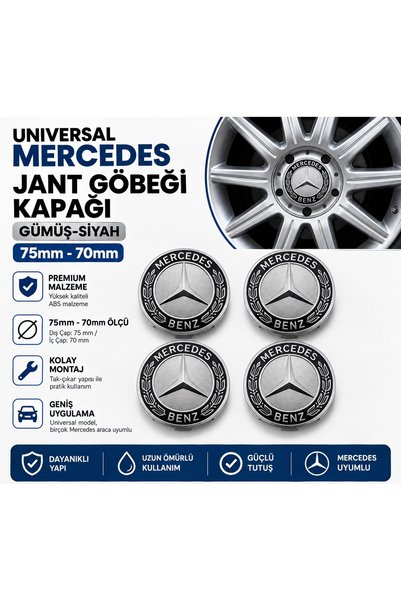 MemoDigital Universal Mercedes Jant Göbeği Kapağı Siyah 75mm - 70mm