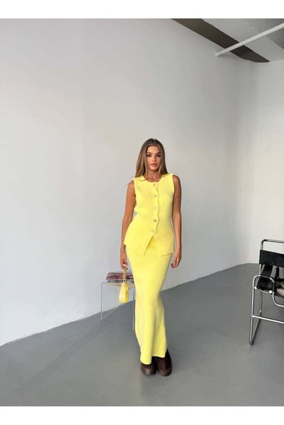 KECHİ WOMAN Gold Accessory Vest Skirt Yellow Knitwear Set