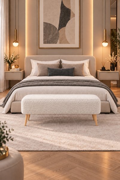 DEKOZUM LONDON Teddy Kumaş Puf Bench Ahşap Ayaklı Modern Oturma Bankı Beyaz