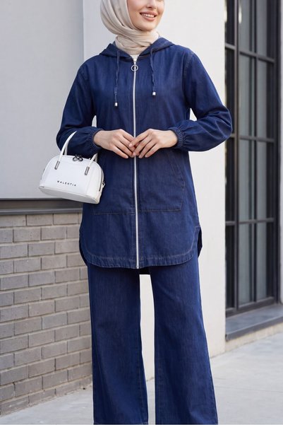 HİJABAYA Costum din denim cu glugă, fermoar frontal, buzunare cu mânere elast...