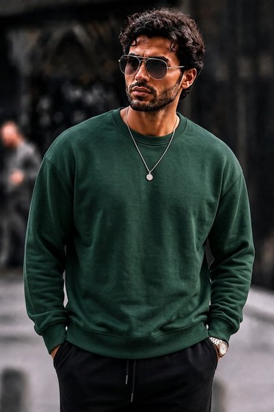 DAMGA JEANS Men's Thick Woven Red and Green Sweatshirt