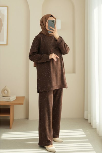 HİJABAYA Serpme Stone Detailed Long Sleeve Full Length Hijab Pantsuit - Brown