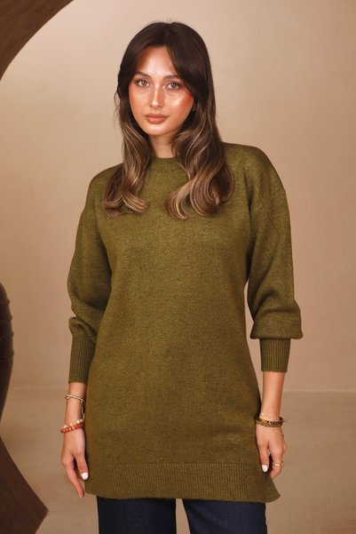 Balenbi Women's Crew Neck Loose Cut Basic Soft Knitwear Tunic 8553 Khaki