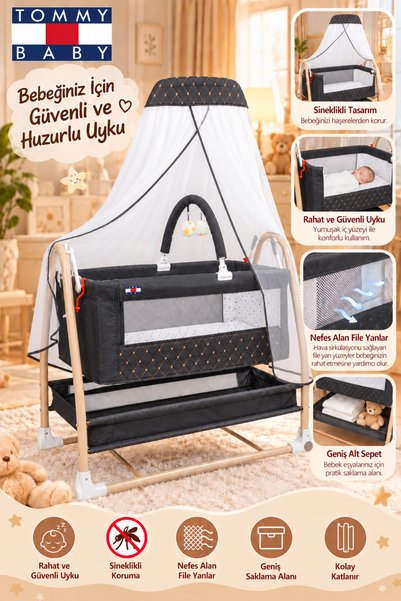Tommybaby Royal Anne Yanı Beşik Tüllü Sepet Beşik Sallanabilir Bebek Beşiği A...
