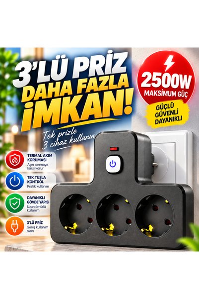 asua 3'lü Termal Akım Korumalı Topraklı Bakır İletken Çoklu Priz 2500W Açma/K...