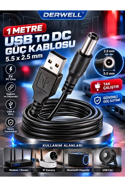Derwell 1 Metre 1mt USB Dc 5.5x2.5mm Güç Kablosu 5V Dc Güç Kablosu USB 2.0 Erkek Modem/Router/Vantilatör/Ses Bombası Speakerı vs Elektronik Cihazlar İle Uyumlu Ceryan Kablosu
